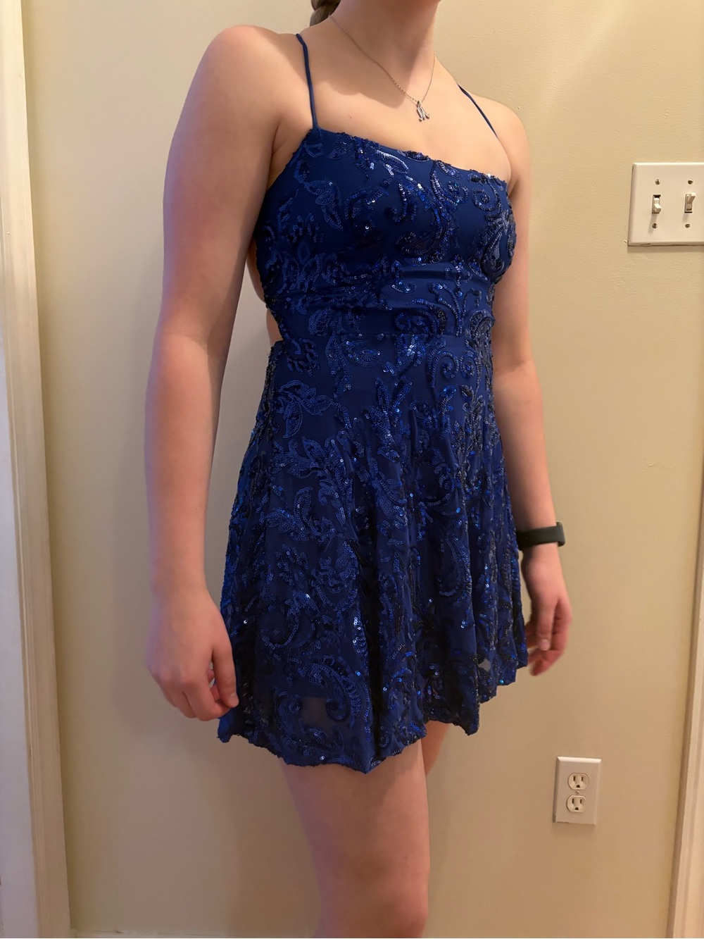 Women's Navy Blue Sequin Fit-and-Flare Dress